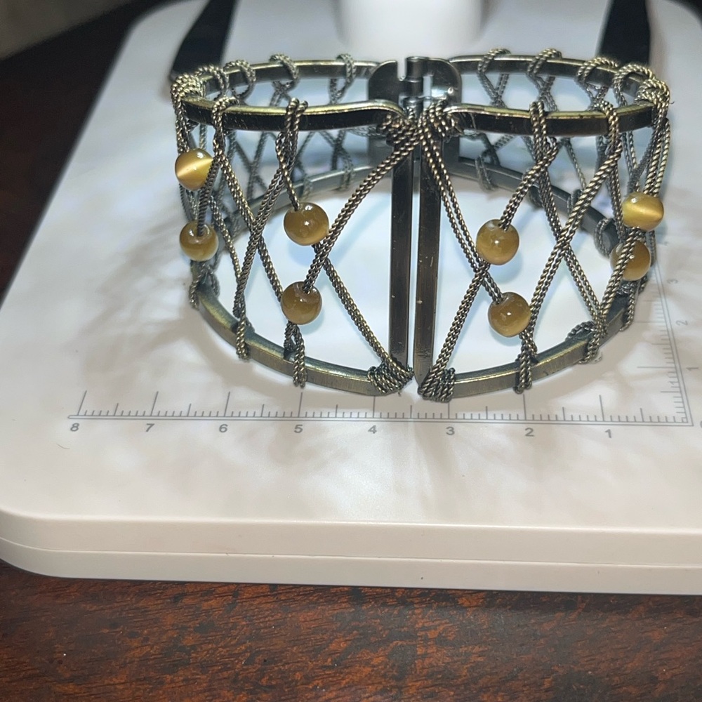 Vintage Cage-Style Hinged Bracelet Rope Lattice with Amber Beads